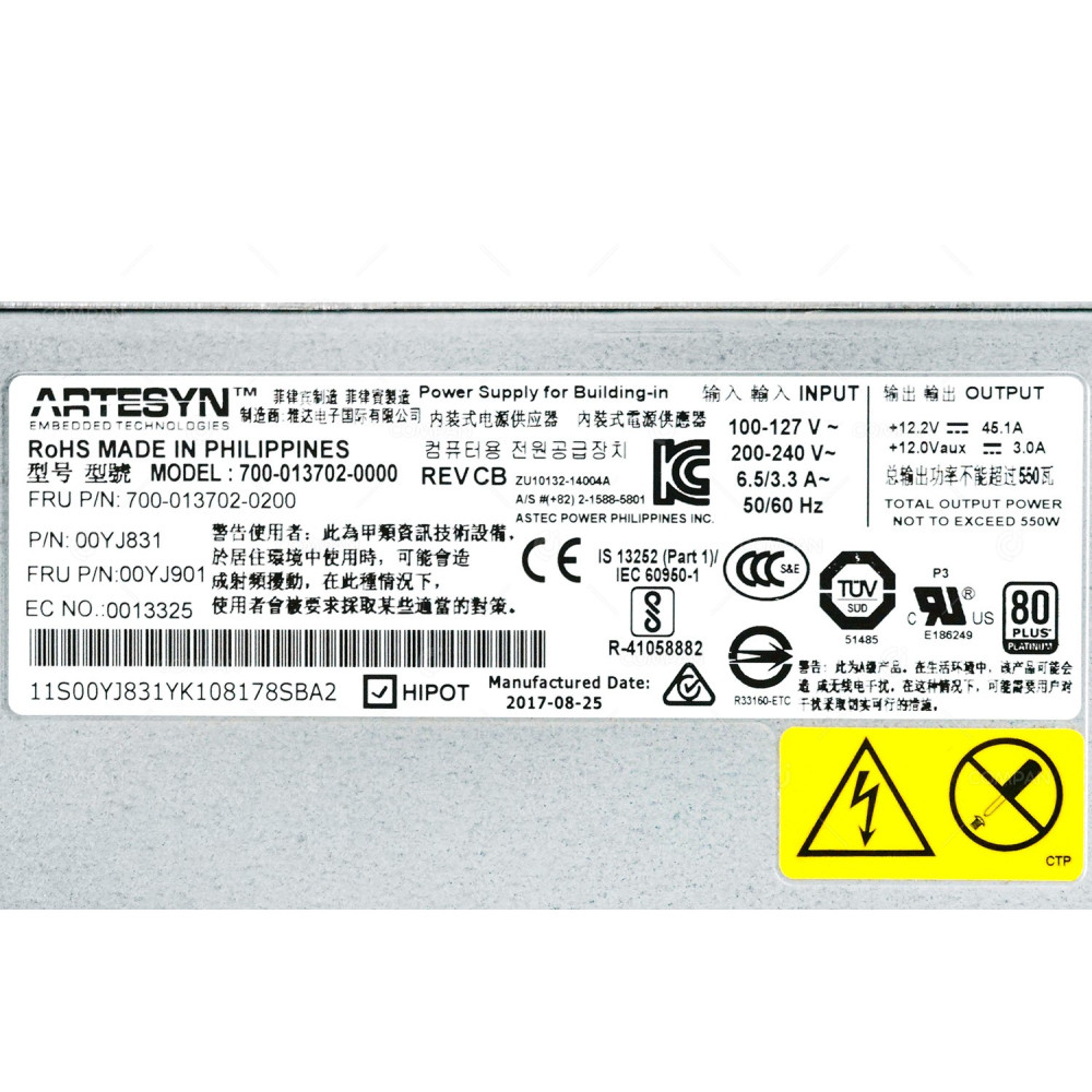 00YJ901 LENOVO  550W 80+ PLATINUM POWER SUPPLY FOR IBM LENOVO SYSTEM X3500 M5